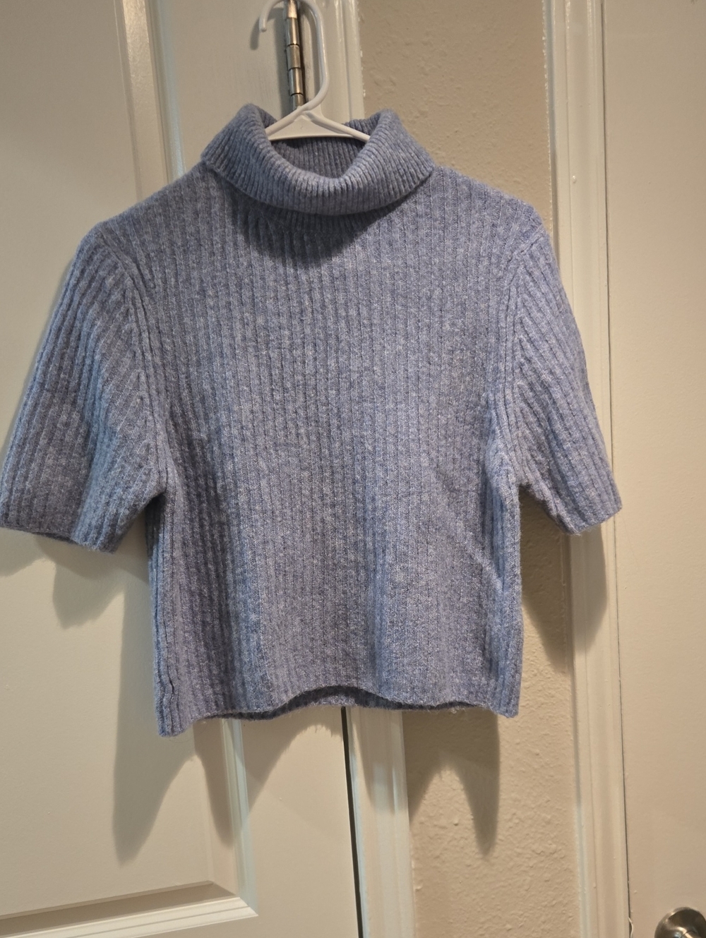 Light Blue Ribbed Short-Sleeve Turtleneck Sweater